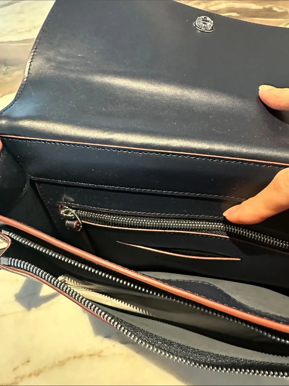 & Other Stories Navy Leather Messenger/Satchel Bag with Brown Trim